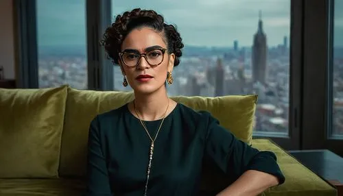 Mature lady, 35yo, short curly brown hair, subtle makeup, elegant posture, designer glasses, luxurious velvet sofa, ornate wooden coffee table, modern art paintings, floor-to-ceiling windows, urban ci