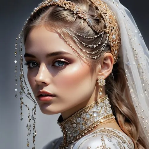 bridal jewelry,bridal accessory,bridal,bridal clothing,bridal dress,gold foil crown,silver wedding,bride,wedding dresses,bridal veil,diadem,gold filigree,wedding dress,indian bride,gold crown,golden weddings,princess crown,jeweled,romantic portrait,wedding gown,Illustration,Realistic Fantasy,Realistic Fantasy 24