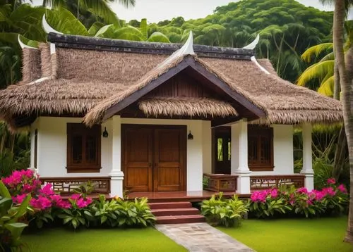 Traditional Filipino Bahay na Bato, tropical modern villa, nipa hut-inspired roof, wooden accents, capiz shell windows, clay tile flooring, lush greenery surroundings, coconut trees, vibrant Bougainvi