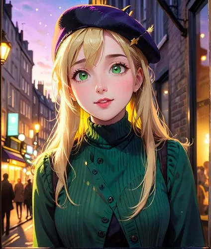 The image depicts the hand of a woman with long blonde hair, bright green eyes, and radiant lips, dressed in a black beret and a vibrant green blouse. Her expression is one of pure joy as she gazes ou