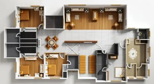 Floor plan in marble in living room, kitchen and small sitting  areas and chequered tiles in other areas in cream ,  sofas and beds to be rustic brown . Furniture in black. Sofas in gold and grey . Al