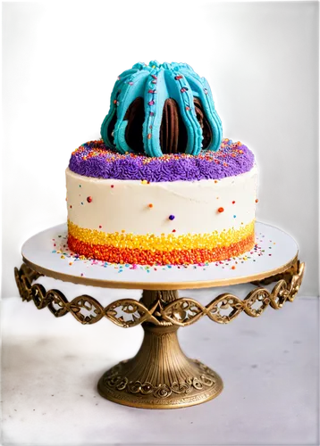 Delicious cake, colorful sprinkles, creamy frosting, three-layered, rounded shape, golden brown crust, sparkling sugar decorations, ornate cake stand, 3/4 composition, soft natural light, warm color t