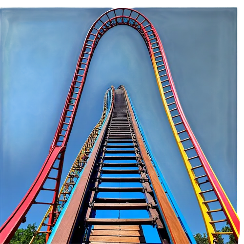 Thrilling roller coaster, amusement park, sunny day, bright blue sky, steep drop, sharp turn, loop-the-loop, vibrant colors, metallic structure, worn wooden seats, safety bars, excited riders, screami