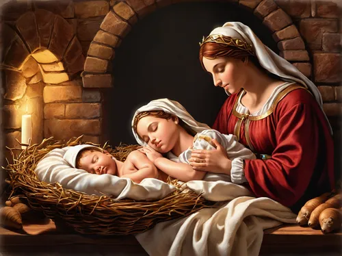 Describe a serene manger scene with baby Jesus sleeping peacefully.,holy family,nativity of jesus,christ child,nativity of christ,birth of christ,birth of jesus,the manger,baby jesus,candlemas,nativit