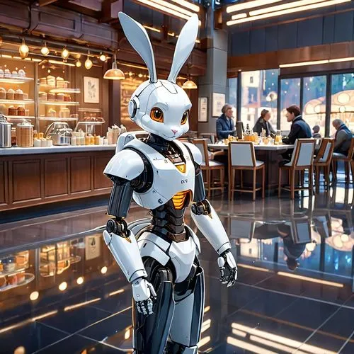 deco bunny,bartender,white rabbit,barista,cafe,tau,heavy object,diner,mecha,minibot,café,nova,bunny,bistro,pub,mech,evangelion,soft robot,unique bar,rabbit,Anime,Anime,Cartoon