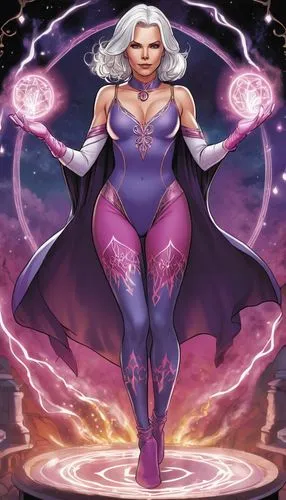 2D Comic portrait of Charlize Theoren as a white haired sorceror iin a purple and pink sorcerer leotard and decorated leggings and gloves, casting a spell in the middle of magic circle.,a woman in pur