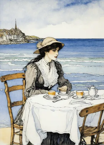 woman at cafe,woman drinking coffee,woman with ice-cream,cream tea,breton,café au lait,afternoon tea,tea drinking,women at cafe,kate greenaway,british tea,tearoom,café,teatime,watercolor cafe,tea time,parisian coffee,a cup of tea,tea service,bistrot,Illustration,Retro,Retro 25