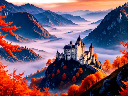 autumn mountains,fantasy landscape,autumn background,gondolin,fantasy picture,landscape background,autumn landscape,tirith,mountainous landscape,mountain landscape,rivendell,hogwarts,autumn scenery,fall landscape,mountain scene,fairy tale castle,erebor,fairytale castle,cartoon video game background,oktoberfest background,Illustration,Realistic Fantasy,Realistic Fantasy 42