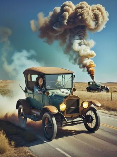 Mrs. Clara Jane Ford is at the center of the action. She is driving a Ford (Model T) through a Texan landscape, its dark green paint reflecting the bright sunlight. The intricate details of the old ca