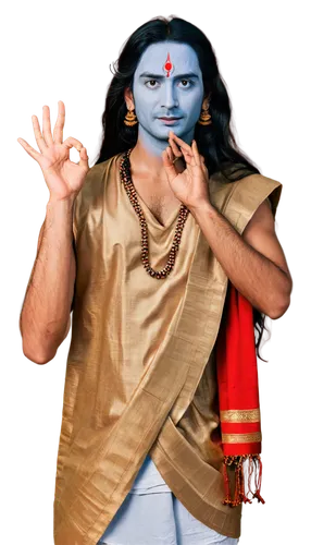 Shiva, God, Indian mythology, blue skin, serene face, third eye on forehead, long black hair, golden earrings, red vermilion mark, white tilaka on forehead, sacred thread, dhoti, rudraksha beads, Trid