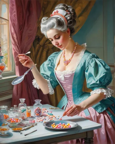 woman with ice-cream,meticulous painting,confectioner,girl in the kitchen,woman holding pie,woman eating apple,painting technique,confection,seamstress,girl with cereal bowl,emile vernon,woman playing,girl with bread-and-butter,crinoline,housewife,painting easter egg,french confectionery,tea party,tea party collection,housework,Conceptual Art,Fantasy,Fantasy 24