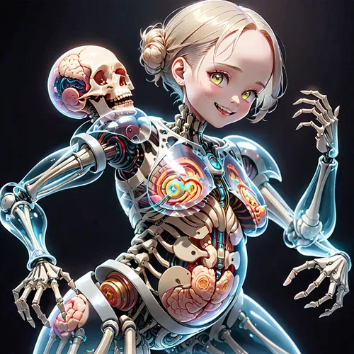 female metal endoskeleton, with visible internal mechanisms, bald, exposed robot brain, pregnant, rubbing belly with both hands, smiling happily, transparent belly, visible fetus, glowing fetus, robot