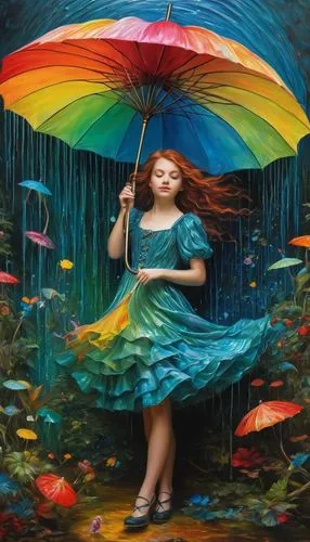 little girl with umbrella,little girl in wind,colorful background,summer umbrella,brolly,umbrella,Photography,General,Fantasy