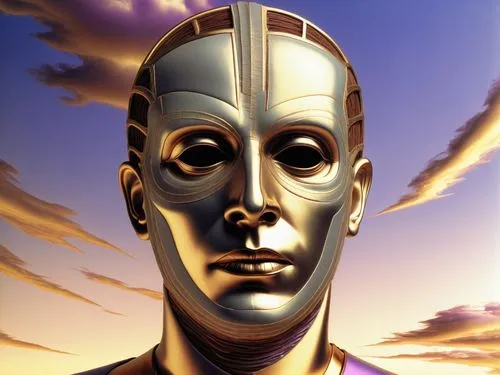 there is a male face that has been made into a sculpture,rocketeer,golden mask,gold mask,cybermen,cyberman,silver surfer,tinman,transhuman,3d man,silico,goldust,automator,positronic,steelman,klaatu,ir