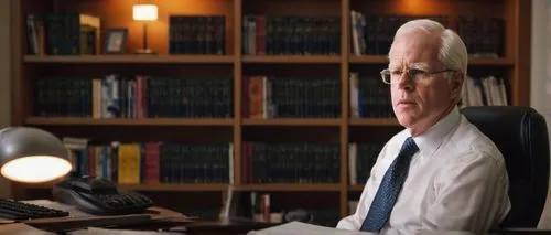 John Hennessy, mature man, glasses, white hair, formal wear, suit, tie, white shirt, sitting, desk, computer, keyboard, mouse, papers, books, shelves, office, Stanford University, warm lighting, soft 