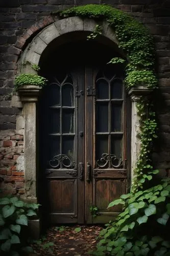 Abandoned, ruined, mysterious, ancient, underground, hidden, secret, stone, brick, moss, ivy, overgrown, crumbling, abandoned, narrow windows, heavy doors, rusty hinges, dimly lit, eerie atmosphere, f