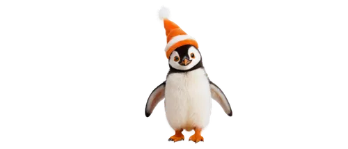 Penguin, Santa hat, cute expression, black eyes, orange beak, fluffy feathers, white belly, waddling posture, festive atmosphere, soft snowflakes, warm lighting, shallow depth of field, 3/4 compositio