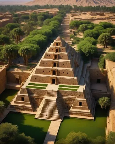 Ancient Mesopotamian architecture, Ziggurat, mud-brick structure, ornate glazed tiles, intricate stone carvings, majestic entrance gates, hanging gardens, Babylonian style, stepped pyramid shape, lush