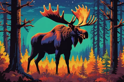 Write a mysterious narrative about a legendary bull moose that haunts the dark and eerie forests of Wyoming, captivating all who dare to venture near.,elk,deer illustration,glowing antlers,moose,bull 