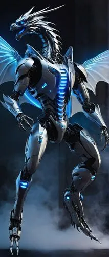 Dragon, AI robot, futuristic, metallic body, glowing blue eyes, sharp claws, silver wings, mechanical legs, advanced computer system, neon lights, dark background, sci-fi atmosphere, close-up, 3/4 com