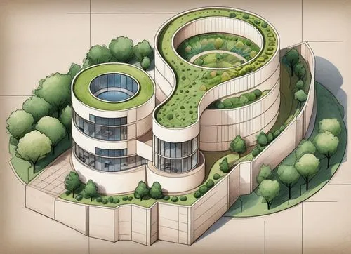 eco-construction,circular staircase,isometric,architect plan,garden elevation,school design,multi-storey,residential tower,floating island,eco hotel,futuristic architecture,tree house,multi-story structure,helix,urban design,orthographic,spiral staircase,modern architecture,artificial island,mixed-use