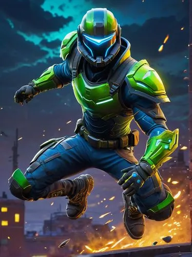 Epic Fortnite skin, futuristic warrior, male, muscular build, neon green and blue armor, metallic texture, glowing accents, detailed sci-fi patterns, helmet with gold visor, intense facial expression,