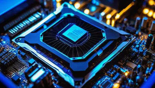 Microscopic view, futuristic laboratory, advanced processor chip, intricate circuitry, metallic silver color, glowing blue wires, motherboard, CPU core, GPU unit, RAM module, heat sink, cooling fan, s