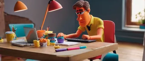 renderman,claymation,blur office background,animator,cinema 4d,plasticine,amination,stampfel,table artist,desk accessories,3d model,3d figure,kimbundu,3d modeling,creative office,desk,man with a computer,play doh,animating,tartakovsky,Unique,3D,Clay