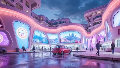 fantasy city,futuristic art museum,futuristic landscape,innoventions,shanghai disney,cybercity,cybertown,fantasy world,imagineering,concept art,mvrdv,dubailand,imaginationland,futuristic architecture,imagineers,lazytown,harbin,pink city,futurist,walt disney center