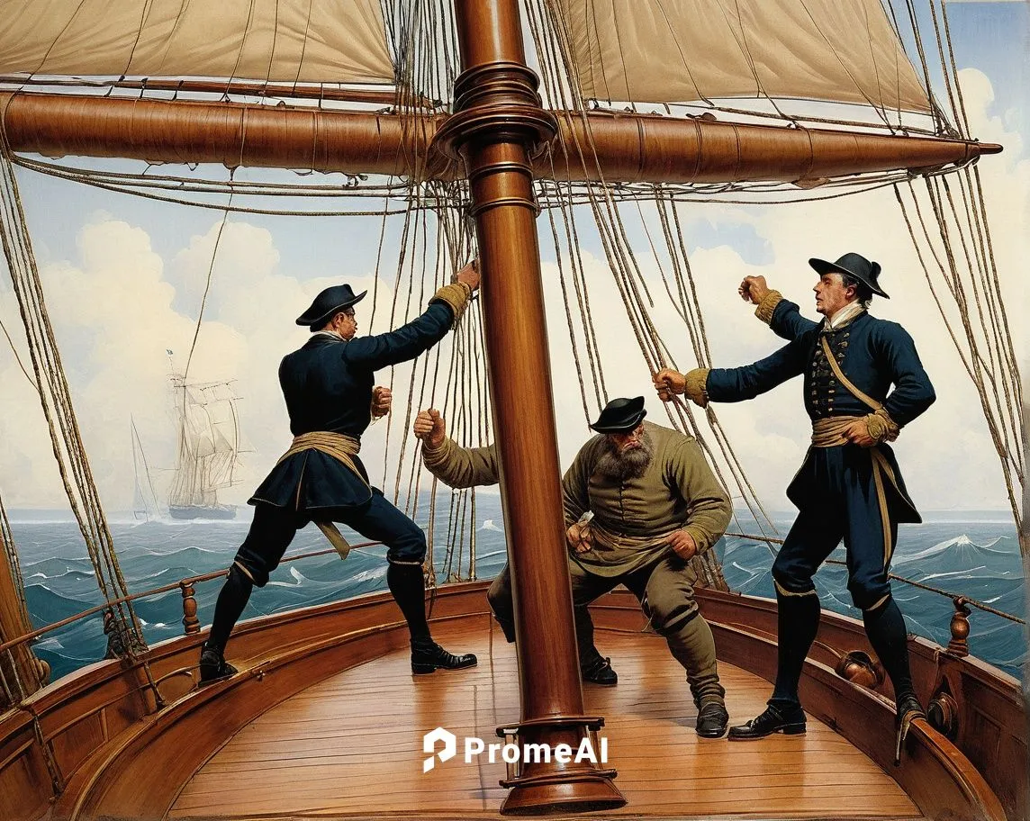 3 men sparring onboard a sailing ship,commandeer,seamanship,three masted,three masted sailing ship,merchantmen,training ship,inflation of sail,portuguese galley,sailors,merchantman,windjammer,barquent