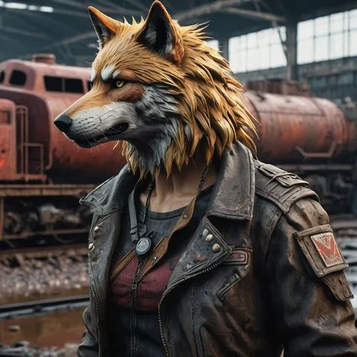 Very Close up near shot of a wolf In front of a rusty old  locomotive  is standing  a big red, light-brown wolf with smooth fue together with a military hair cut female 45 years old blonde similar sty