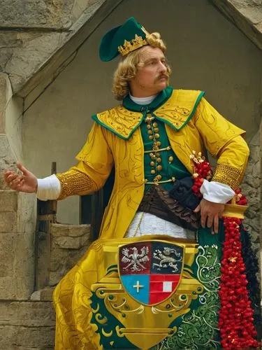 Vladislav, King of Poland, lifelike and vividly colored.,the man in a yellow uniform is posed with a sword,davitian,malvolio,zolli,farnaby,puy du fou,furlanetto,kornreich,hacaoglu,limprecht,donizetti,