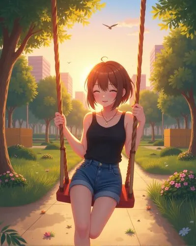 
display of an anime acacia's skin as a young woman with short brown hair and red lips sitting in a swing  a sunny park, her head tilted to the side as if she's been walking in the midst of a sunset h