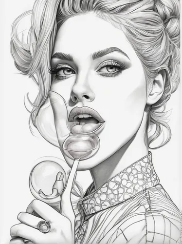 Girl with a bubble gum - line art pencil sketch by MadliArt,fashion illustration,smoking girl,pencil drawings,pencil drawing,marilyn,pencil art,rockabella,marilyn monroe,digital drawing,lip,vintage dr