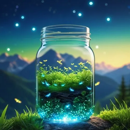 anime inspired greenery landscape alps with bright blue glass like sky shinning twinkling sparkling effect(bokeh effect) (fireflies),fireflies,green bubbles,glass jar,marimo,nature background,terrariu