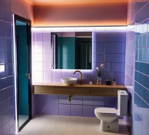 Bathroom with blue wall covering. Vaporwave style neon lighting,banyo,luxury bathroom,bathroom,3d rendering,3d render,washroom,bath room,grohe,ensuite,wall,vanities,search interior solutions,washrooms