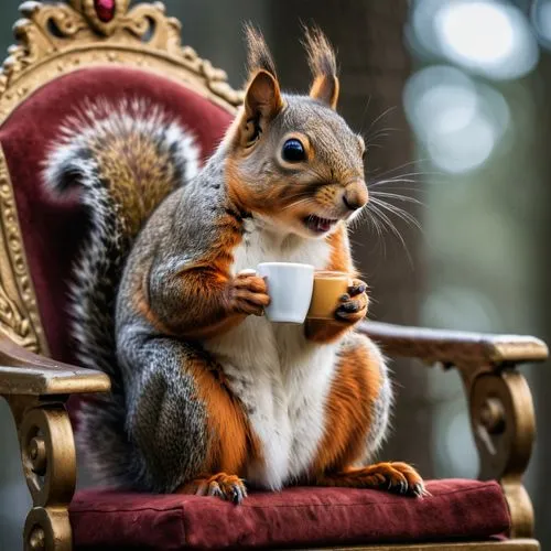 Squirrel sitting on a throne, drinking coffee, crown,relaxed squirrel,chilling squirrel,kopi luwak,racked out squirrel,tea zen,squirell,coffee break,cup of cocoa,hot drink,teatime,drinking coffee,tea 