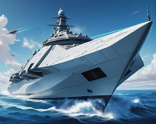 White Ultra-modern high-tech military naval ship, laser guns, space distortion systems, blue sky, blue sea,,this is an artist's rendering of a ship,hnoms,jmsdf,scharnhorst,leberecht,marineau,tirpitz,m