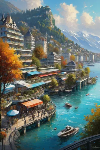 japan landscape,river landscape,world digital painting,autumn scenery,danyang eight scenic,harbor,landscape background,waterfront,fishing village,autumn landscape,yunnan,autumn mountains,fantasy landscape,guizhou,chongqing,seaport,chinese art,bellagio,one autumn afternoon,spa town,Conceptual Art,Oil color,Oil Color 06