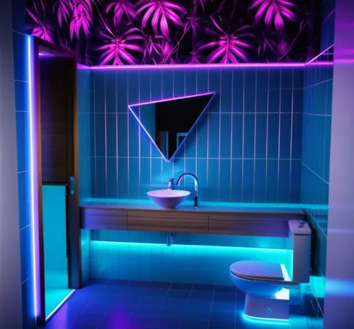 Bathroom with blue.
Top wall with plants illustration.
Shyntrwave style neon lighting.
Brighter environment.,neon cocktails,neon drinks,neon light drinks,luxury bathroom,nightclub,sunbed,clevelander,b