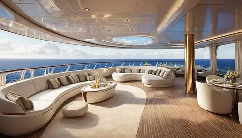 Luxurious cruise liner, futuristic, sleek, white hull, streamlined bow, multiple decks, grand staircase, lavish lounge, floor-to-ceiling windows, panoramic ocean views, VIP suites, private balconies, 