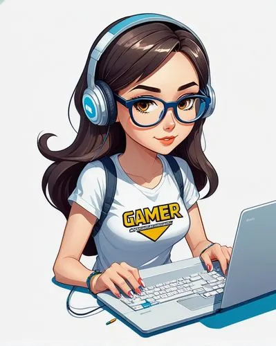 "GAMER" typography, funny tshirt theme of a cartoon character of a woman with eyeglasses coding on her laptop, white background, anime,girl at the computer,girl studying,geek pride day,cute cartoon im