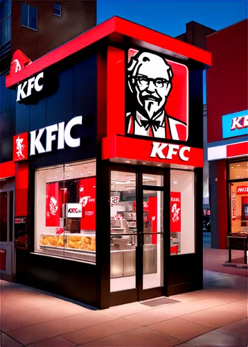 KFC storefront, night scene, bright neon lights, red logo, glass windows, metal door handles, pedestrian sidewalk, urban atmosphere, 3/4 composition, shallow depth of field, vibrant color tone, cinema