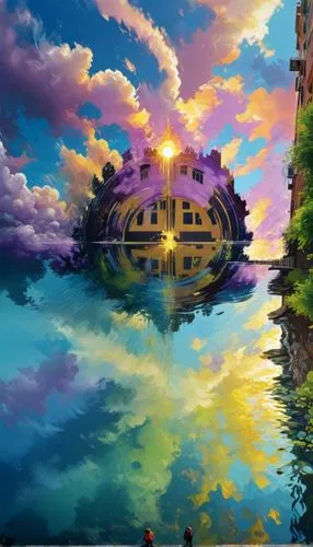 a painting of an abstract image with clouds in the background,kaleidoscape,reflection in water,world digital painting,fractals art,acid lake,fantasy picture,Photography,Artistic Photography,Artistic P