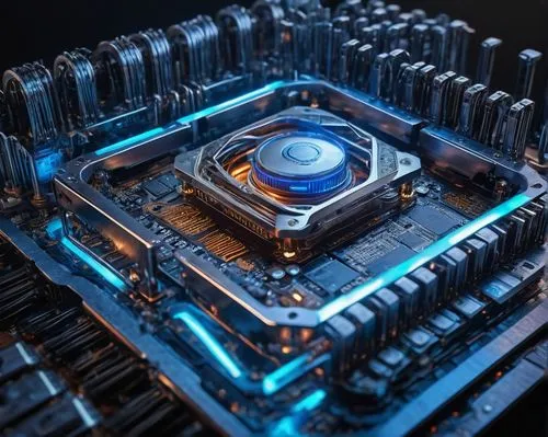 Modern AMD Ryzen CPU architecture, futuristic motherboard, sleek silver lines, glowing blue LED lights, intricate circuitry patterns, metallic texture, 3/4 composition, low-angle shot, dramatic lighti