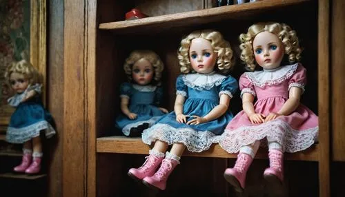 Creepy twin dolls, porcelain skin, identical facial expressions, pale blue eyes, curly blonde hair, frilly pink dresses, lace socks, patent leather shoes, sitting on a wooden shelf, dimly lit room, ol