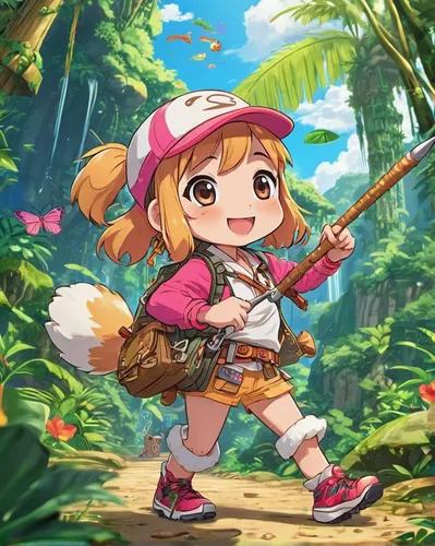 chestnut-backed,mikuru asahina,ashitaba,bongos,llenn,coconut hat,holding a coconut,birthday banner background,forest background,adventurer,bansuri,countrygirl,vanessa (butterfly),chestnut tiger,yo-kai,candy island girl,cinnamon girl,ako,fae,child fox,Illustration,Japanese style,Japanese Style 02