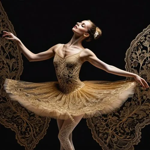 ballet dancer,ballet tutu,ballet master,gold filigree,ballet,ballerina,gracefulness,ballerina girl,arabesque,pirouette,pointe shoe,girl ballet,ballet pose,ballerina in the woods,swan lake,dancer,pointe shoes,twirl,ballet shoes,filigree,Illustration,Realistic Fantasy,Realistic Fantasy 40