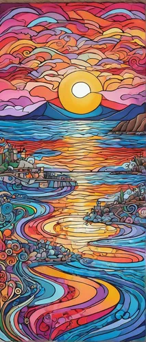 Paint a picture of a romantic sunset over the bay water, capturing the hearts of onlookers.,psychedelic art,acid lake,glass painting,kaleidoscope art,panoramical,indigenous painting,vincent van gough,