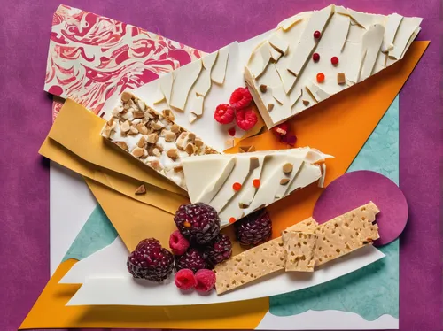 Create a recipe for a decadent torrone dessert with a modern twist.,torrone,nougat,nougat corners,nut-nougat cream,layer nougat,semifreddo,turrón,limburger cheese,ice cream bar,food collage,gold foil 